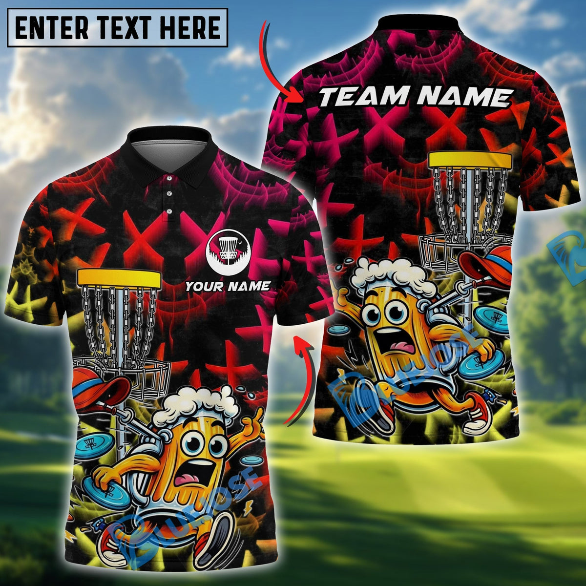 BlueJose Funny Beer Disc Golf Mascot Polo Personalized Name, Team Name 3D Shirt (4 Colors)