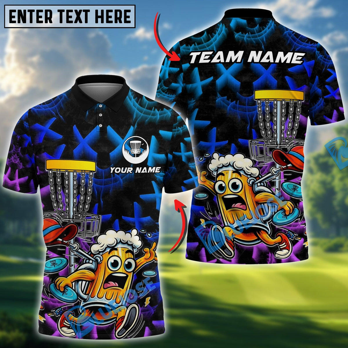 BlueJose Funny Beer Disc Golf Mascot Polo Personalized Name, Team Name 3D Shirt (4 Colors)