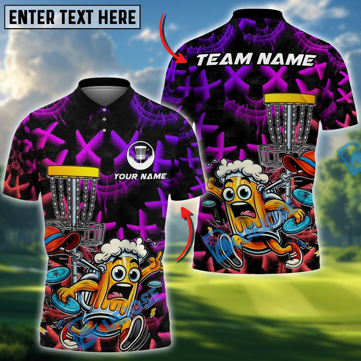 BlueJose Funny Beer Disc Golf Mascot Polo Personalized Name, Team Name 3D Shirt (4 Colors)