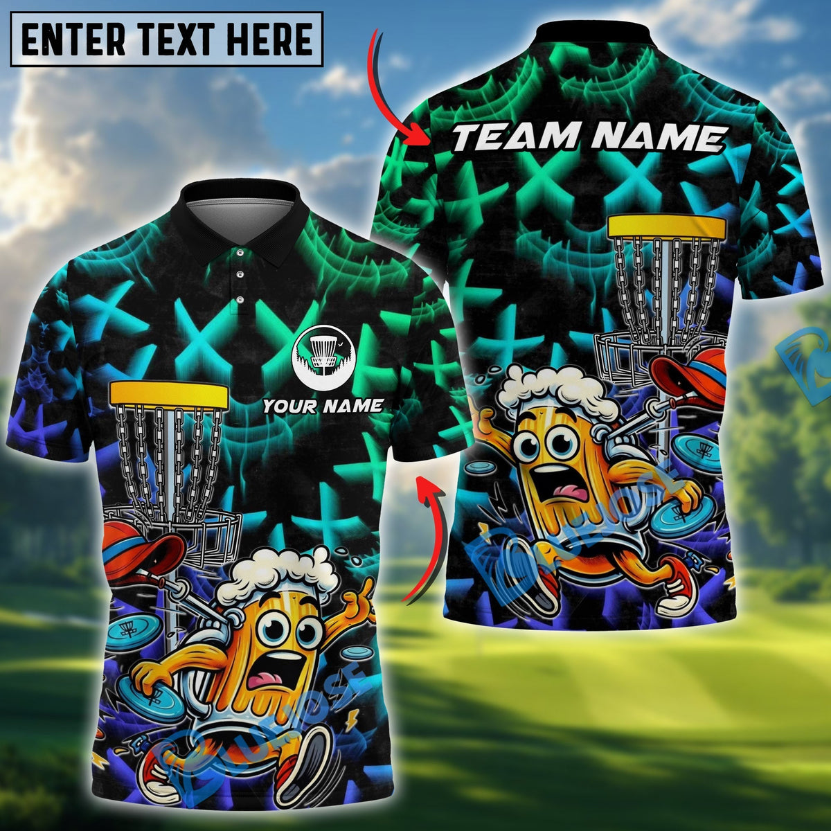 BlueJose Funny Beer Disc Golf Mascot Polo Personalized Name, Team Name 3D Shirt (4 Colors)