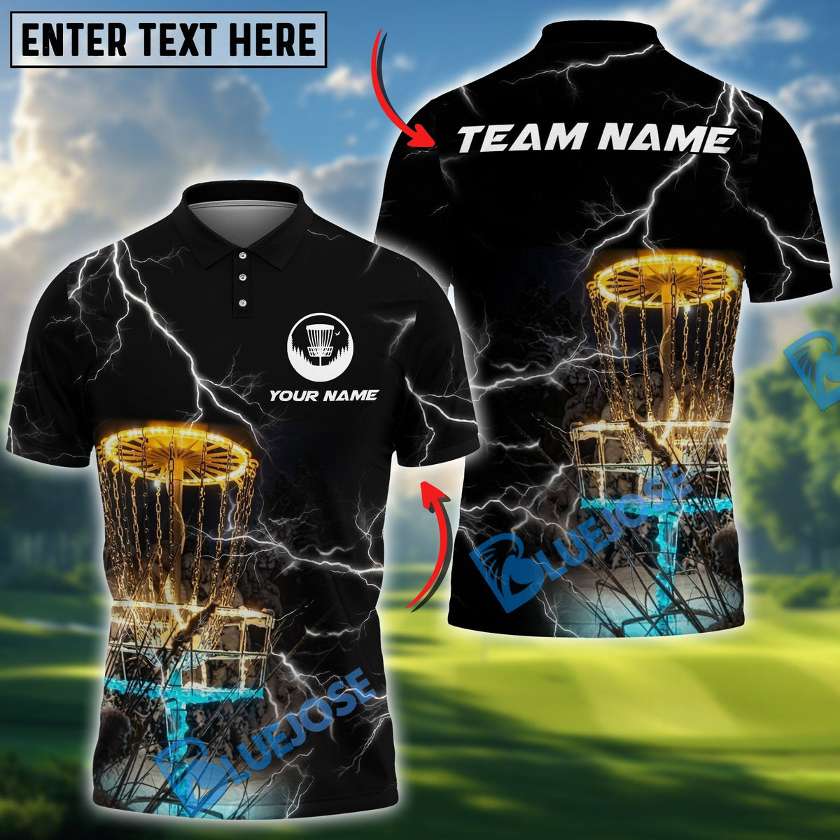 BlueJose Thunder Strike Disc Golf Polo Shirt Personalized Name, Team Name 3D Shirt (4 Colors)