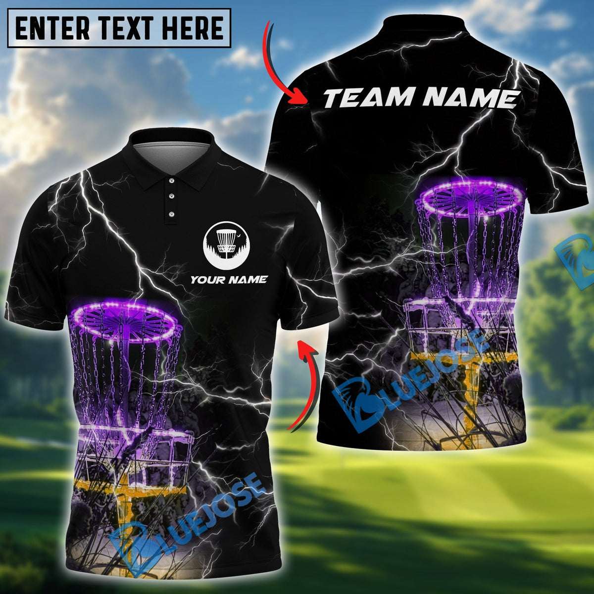 BlueJose Thunder Strike Disc Golf Polo Shirt Personalized Name, Team Name 3D Shirt (4 Colors)