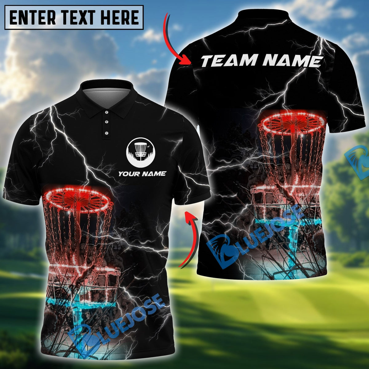 BlueJose Thunder Strike Disc Golf Polo Shirt Personalized Name, Team Name 3D Shirt (4 Colors)