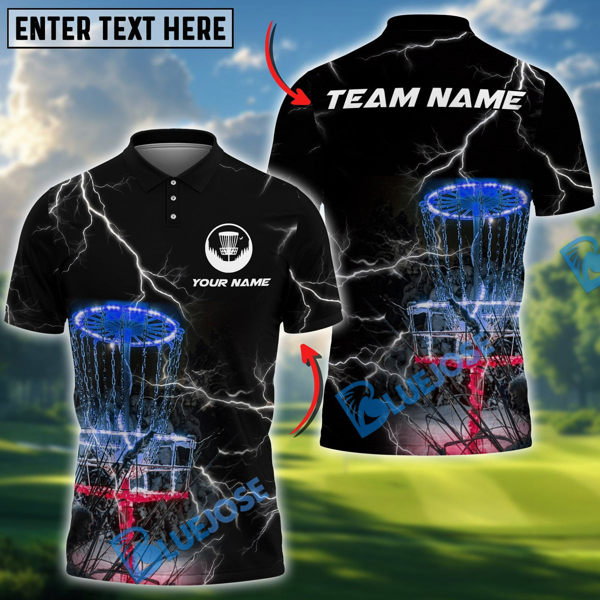 BlueJose Thunder Strike Disc Golf Polo Shirt Personalized Name, Team Name 3D Shirt (4 Colors)