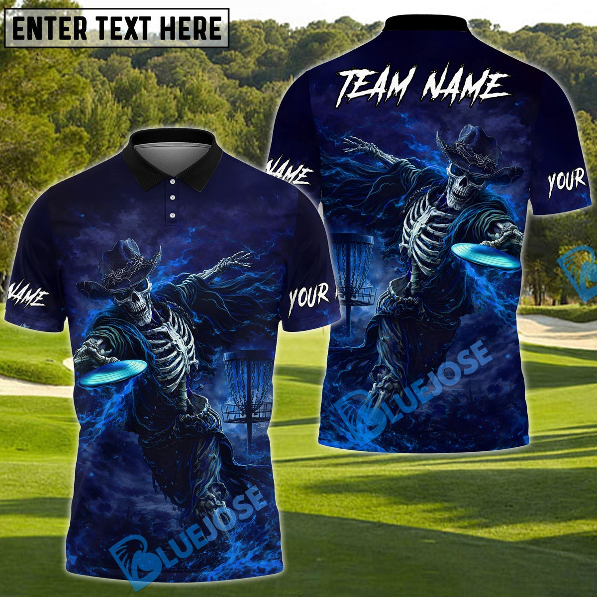 BlueJose Shadow Skeleton Disc Golf Polo Shirt Personalized Name, Team Name 3D Shirt (4 Colors)