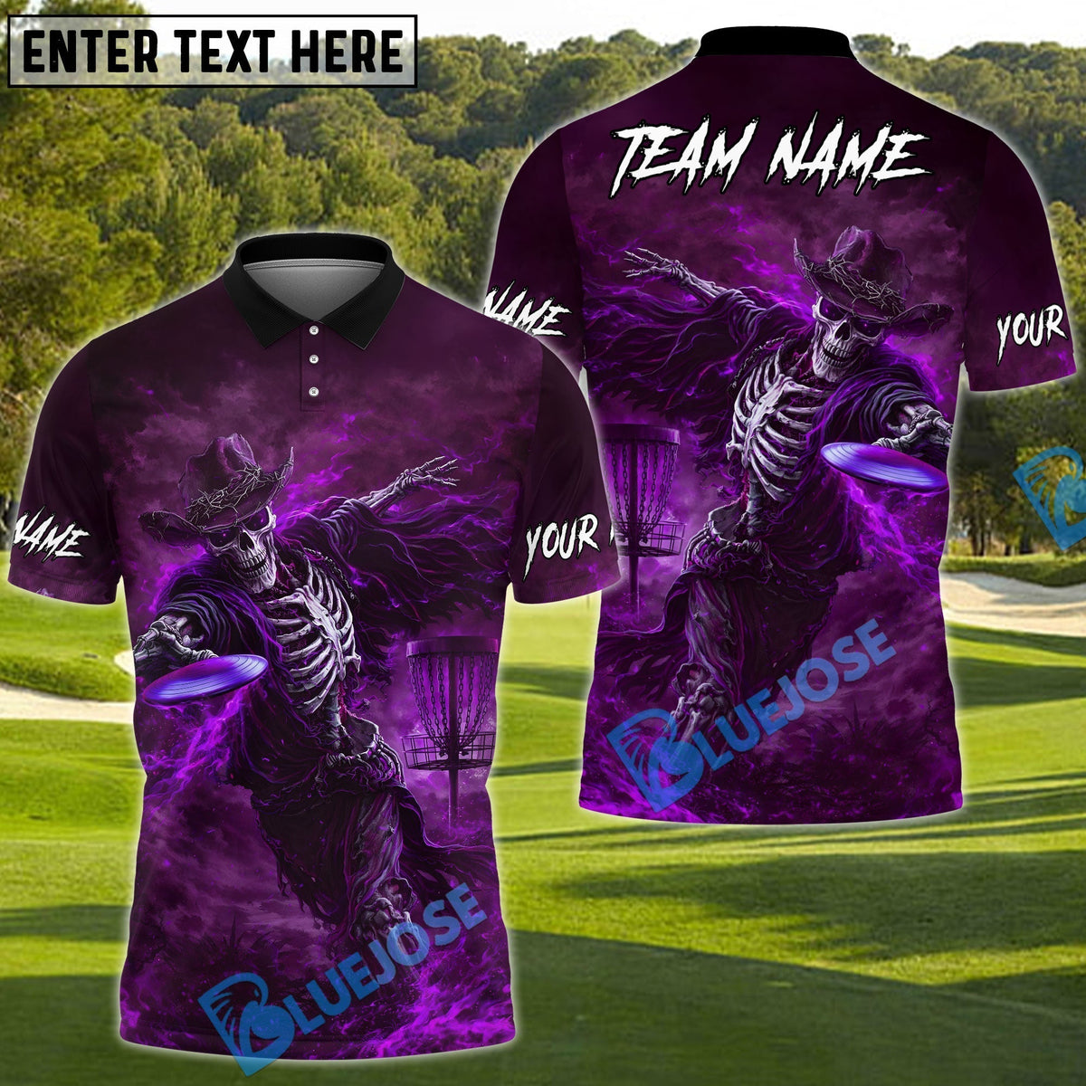 BlueJose Shadow Skeleton Disc Golf Polo Shirt Personalized Name, Team Name 3D Shirt (4 Colors)