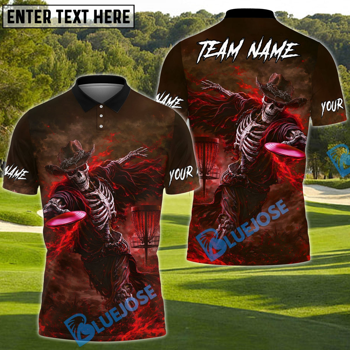 BlueJose Shadow Skeleton Disc Golf Polo Shirt Personalized Name, Team Name 3D Shirt (4 Colors)