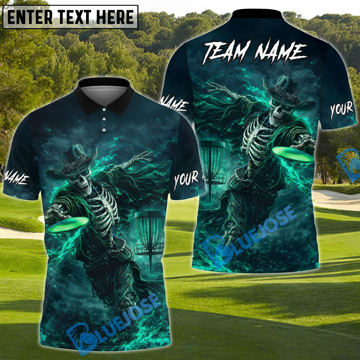 BlueJose Shadow Skeleton Disc Golf Polo Shirt Personalized Name, Team Name 3D Shirt (4 Colors)