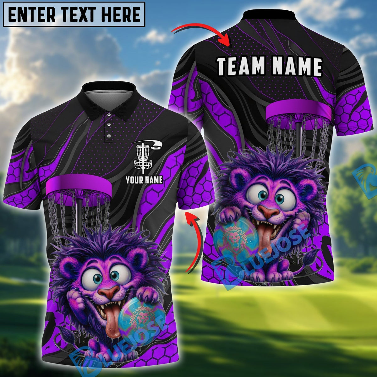 BlueJose Lion Disc Golf Player Funny Cartoon Expression Personalized Name, Team Name 3D Shirt (4 Colors)