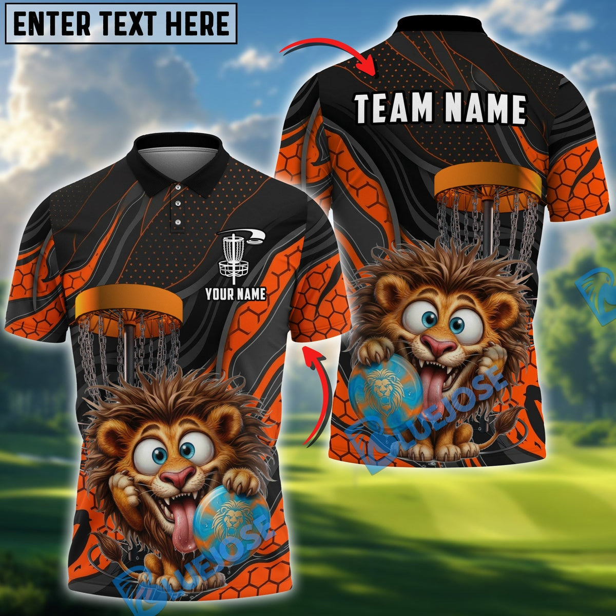 BlueJose Lion Disc Golf Player Funny Cartoon Expression Personalized Name, Team Name 3D Shirt (4 Colors)