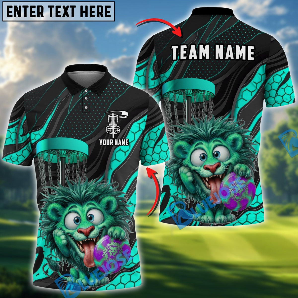 BlueJose Lion Disc Golf Player Funny Cartoon Expression Personalized Name, Team Name 3D Shirt (4 Colors)