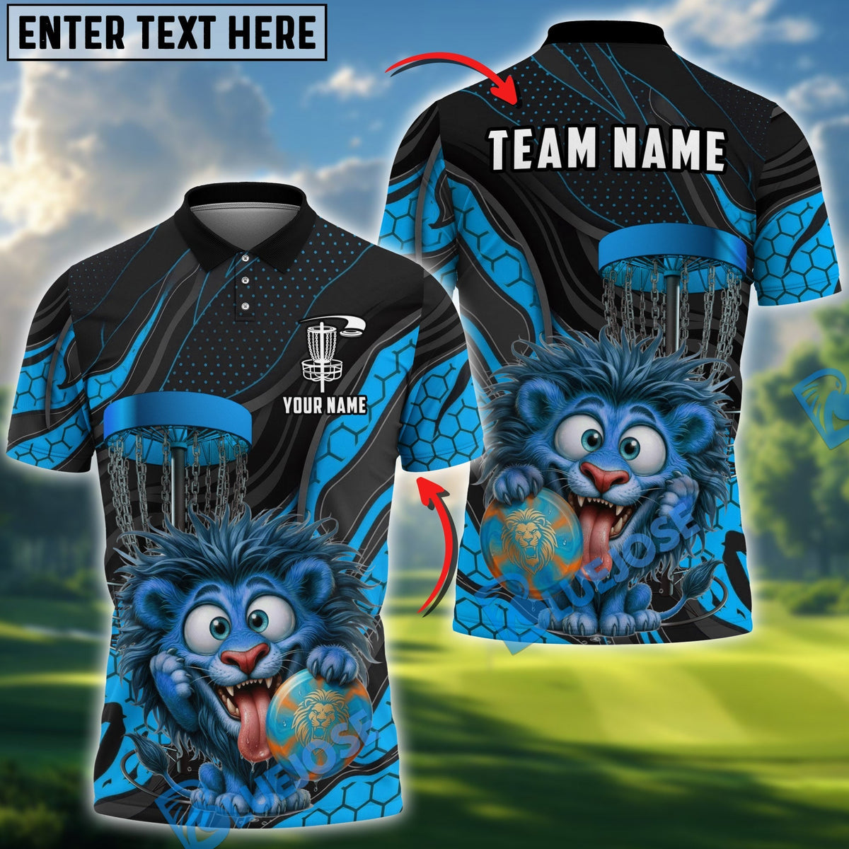 BlueJose Lion Disc Golf Player Funny Cartoon Expression Personalized Name, Team Name 3D Shirt (4 Colors)