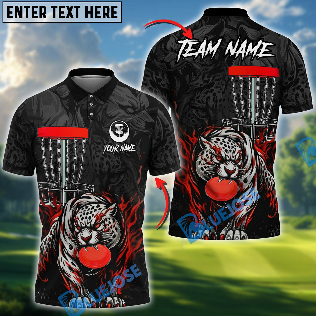BlueJose Blazing Leopard Strike Disc Golf Polo Personalized Name, Team Name 3D Shirt (4 Colors)