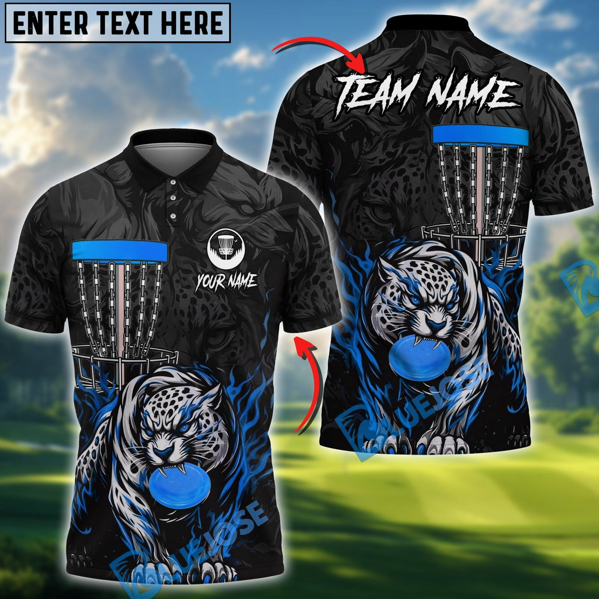 BlueJose Blazing Leopard Strike Disc Golf Polo Personalized Name, Team Name 3D Shirt (4 Colors)