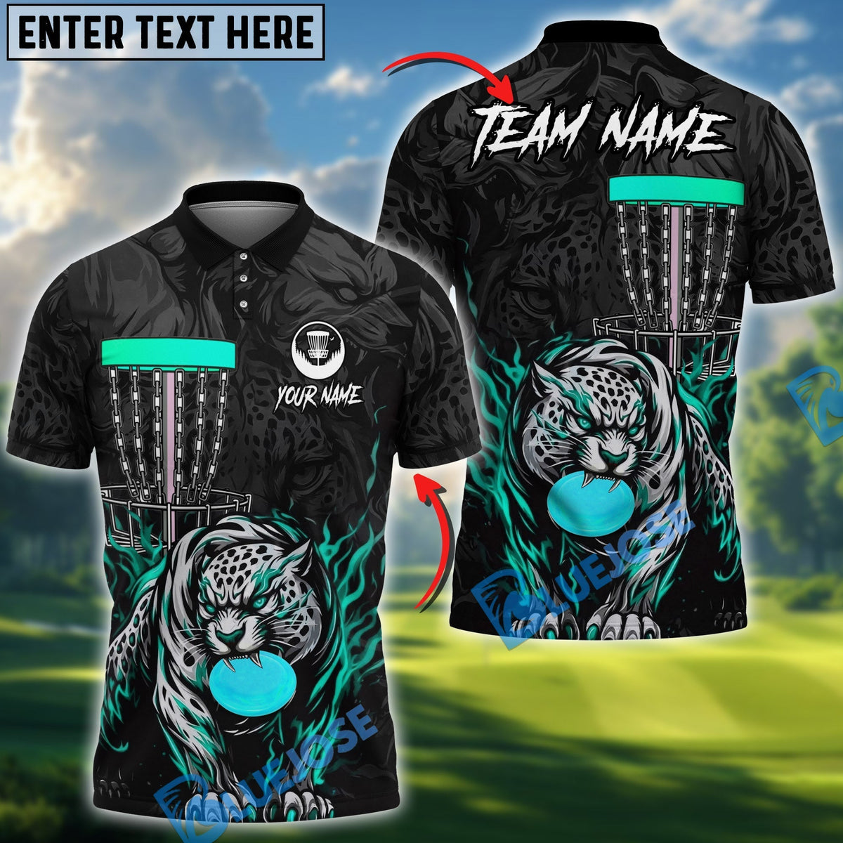 BlueJose Blazing Leopard Strike Disc Golf Polo Personalized Name, Team Name 3D Shirt (4 Colors)