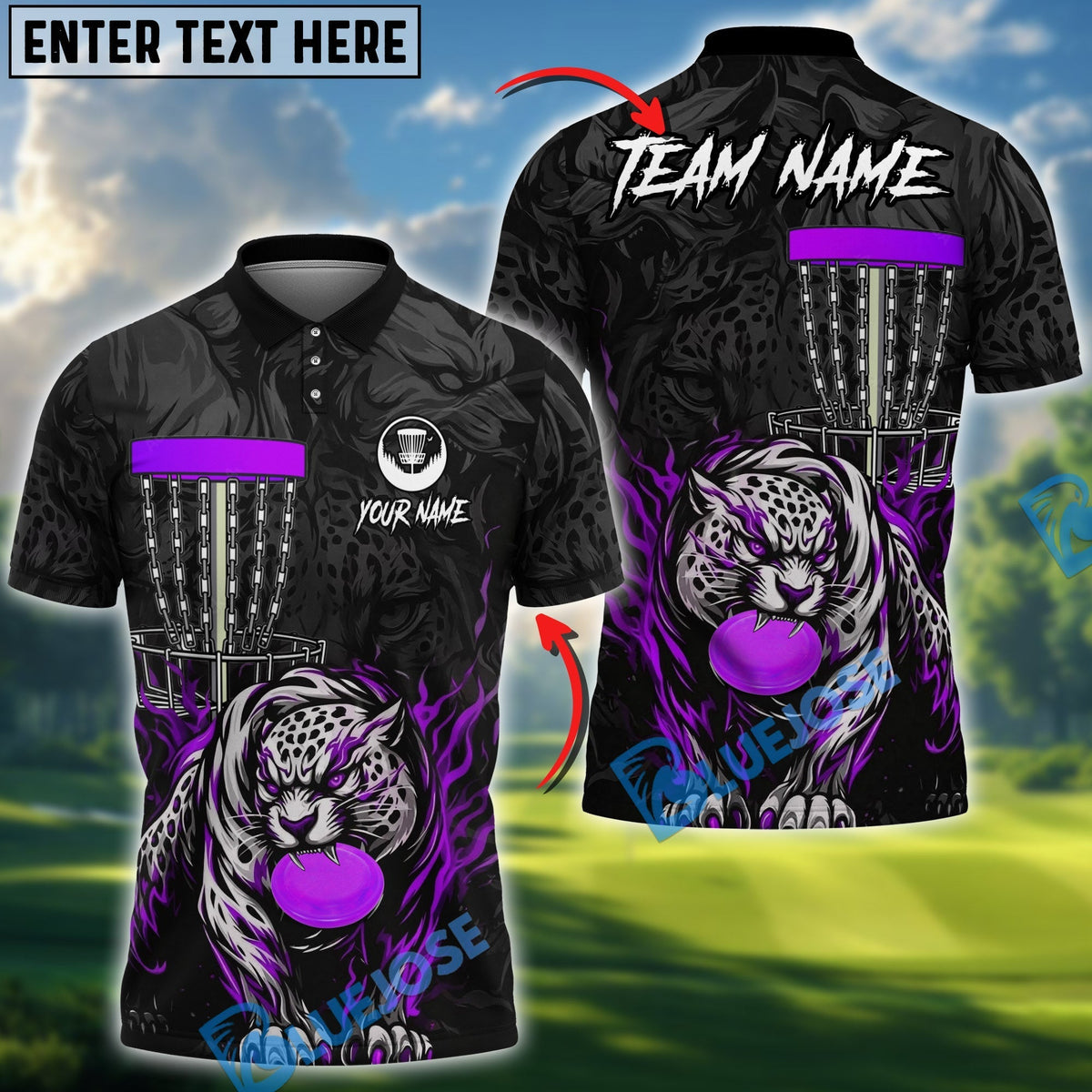 BlueJose Blazing Leopard Strike Disc Golf Polo Personalized Name, Team Name 3D Shirt (4 Colors)