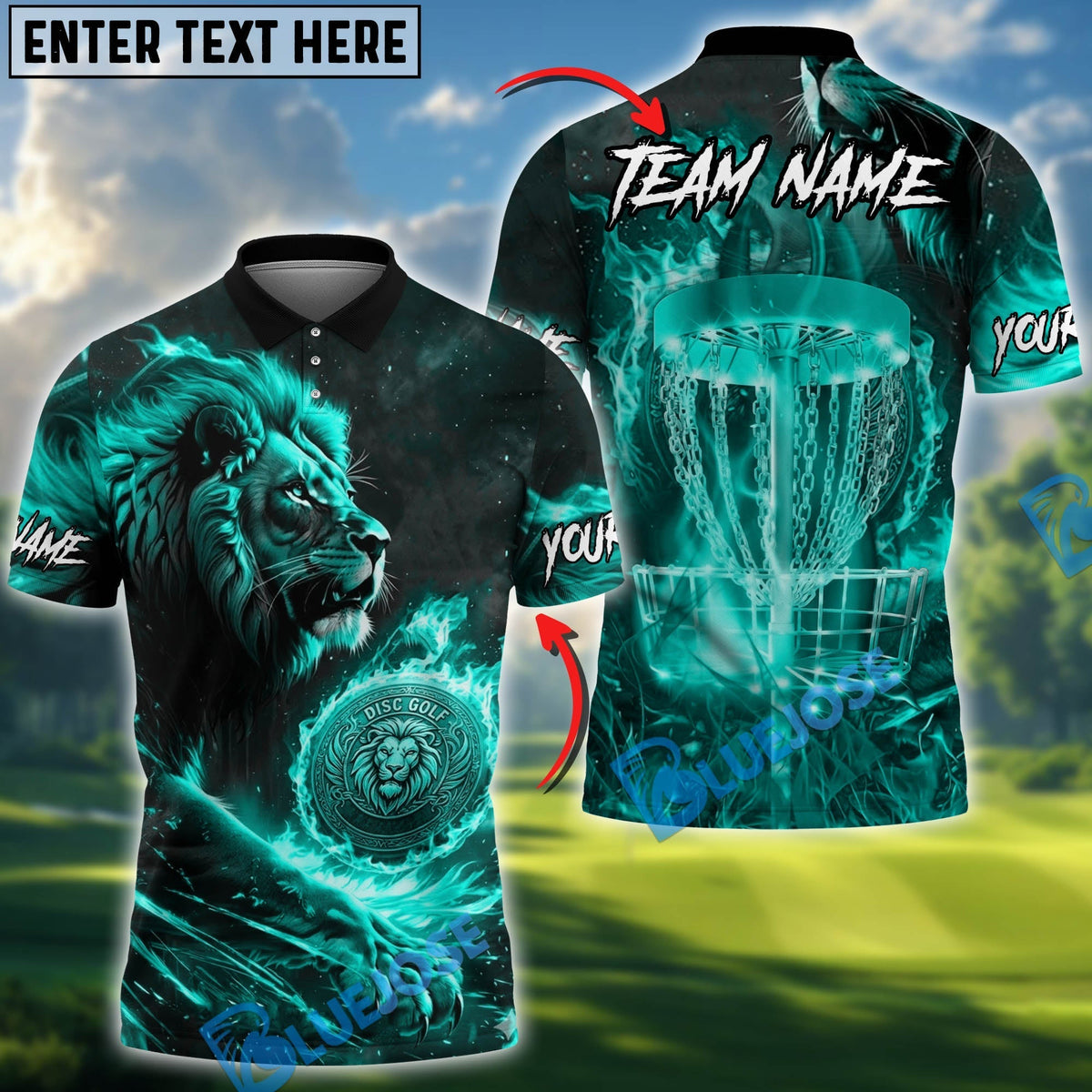 BlueJose Flame Roar Lion Disc Golf Polo Personalized Name, Team Name 3D Shirt (4 Colors)