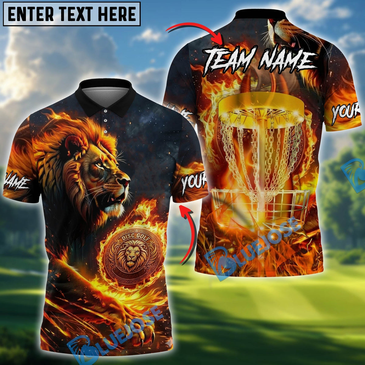 BlueJose Flame Roar Lion Disc Golf Polo Personalized Name, Team Name 3D Shirt (4 Colors)