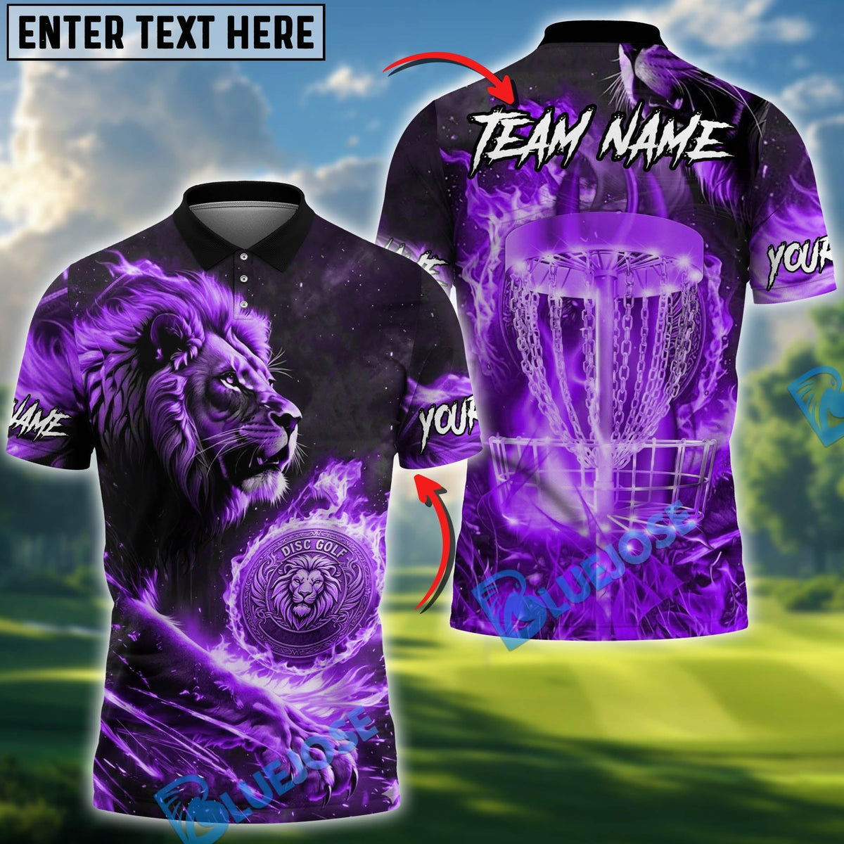 BlueJose Flame Roar Lion Disc Golf Polo Personalized Name, Team Name 3D Shirt (4 Colors)