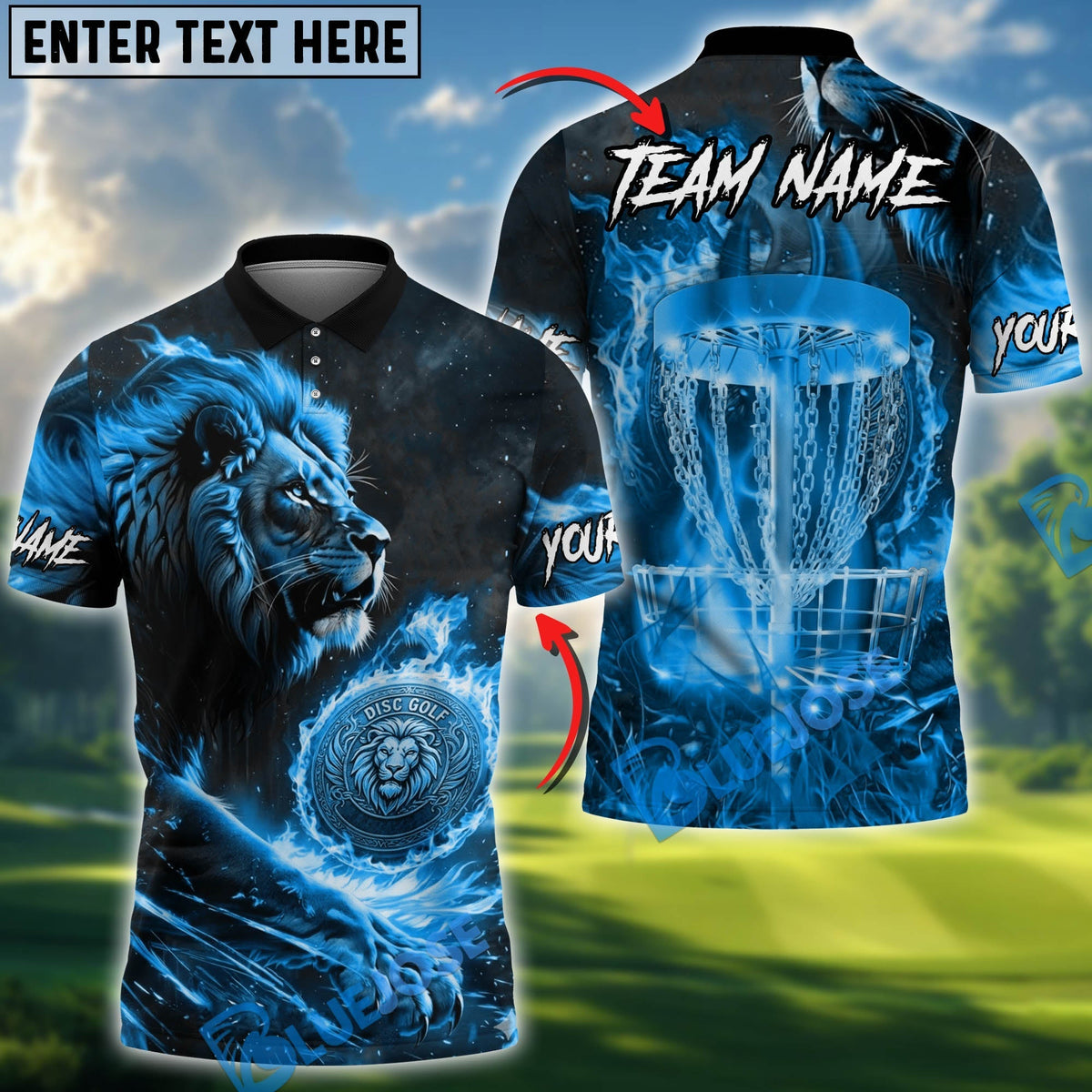 BlueJose Flame Roar Lion Disc Golf Polo Personalized Name, Team Name 3D Shirt (4 Colors)