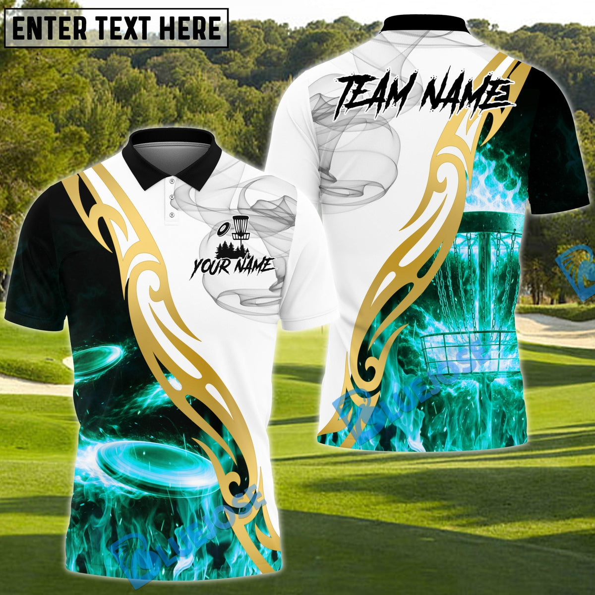 BlueJose Flame Drive Disc Golf Polo Personalized Name, Team Name 3D Shirt (4 Colors)