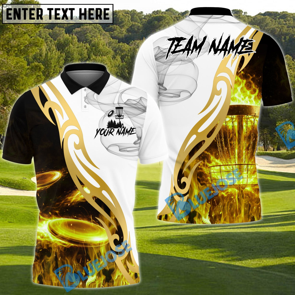BlueJose Flame Drive Disc Golf Polo Personalized Name, Team Name 3D Shirt (4 Colors)