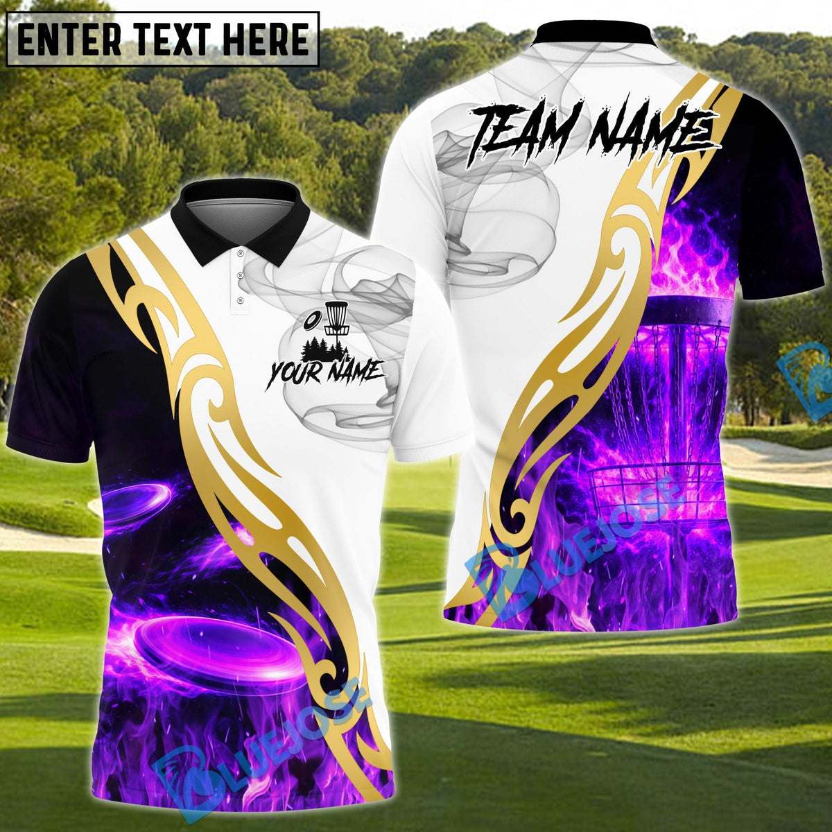BlueJose Flame Drive Disc Golf Polo Personalized Name, Team Name 3D Shirt (4 Colors)