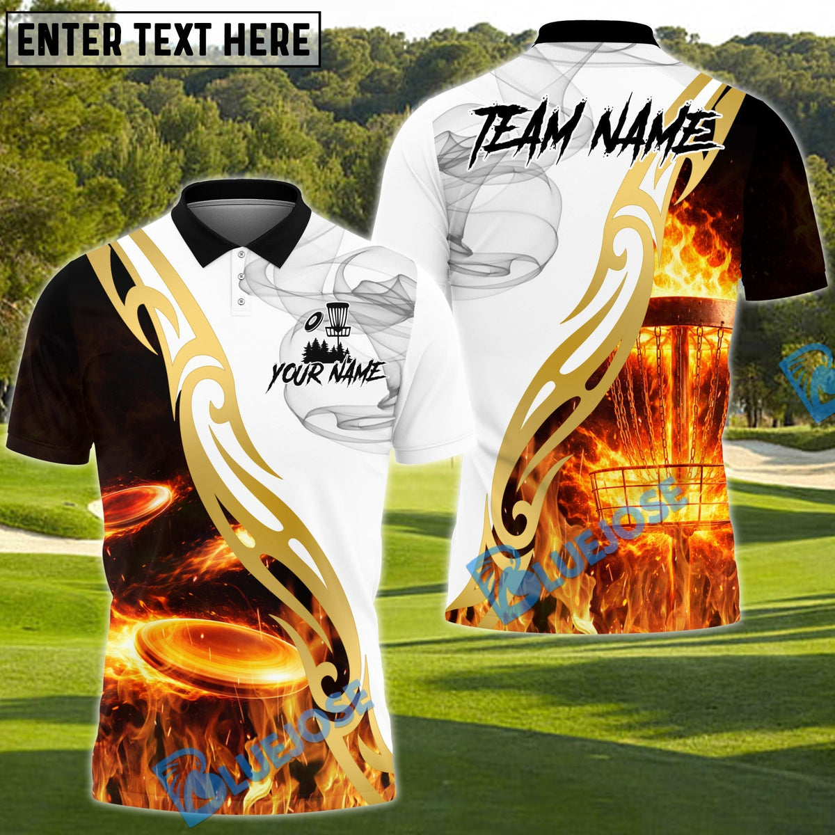 BlueJose Flame Drive Disc Golf Polo Personalized Name, Team Name 3D Shirt (4 Colors)