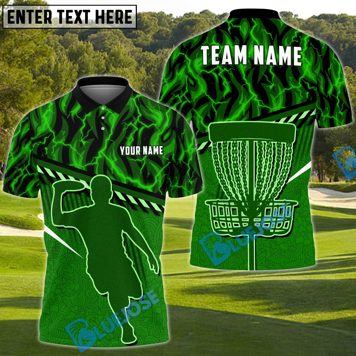 BlueJose Disc Golf Fire Flame Player Silhouette Personalized Name, Team Name 3D Shirt (4 Colors)