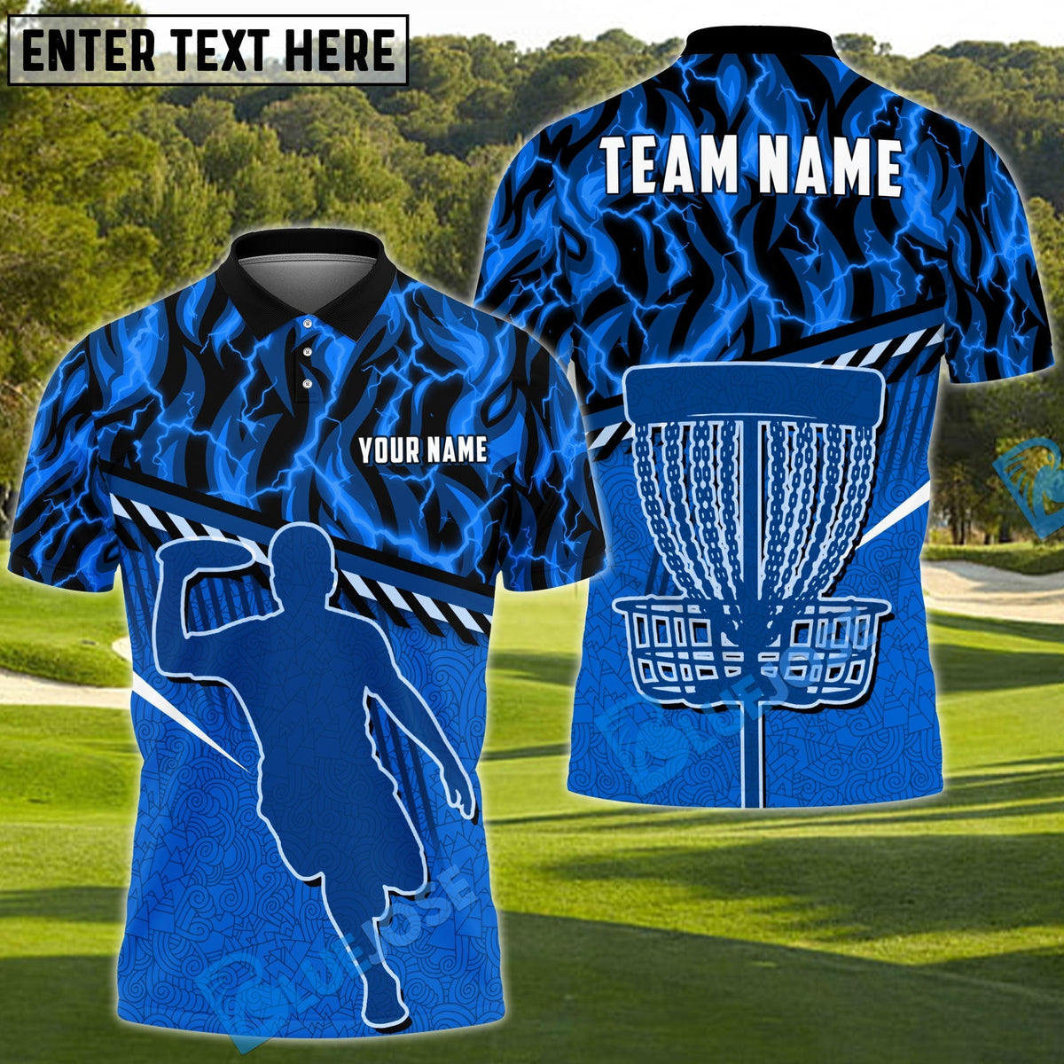 BlueJose Disc Golf Fire Flame Player Silhouette Personalized Name, Team Name 3D Shirt (4 Colors)