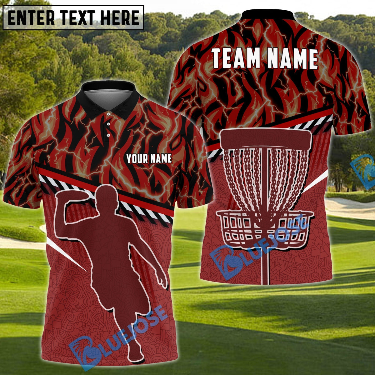 BlueJose Disc Golf Fire Flame Player Silhouette Personalized Name, Team Name 3D Shirt (4 Colors)