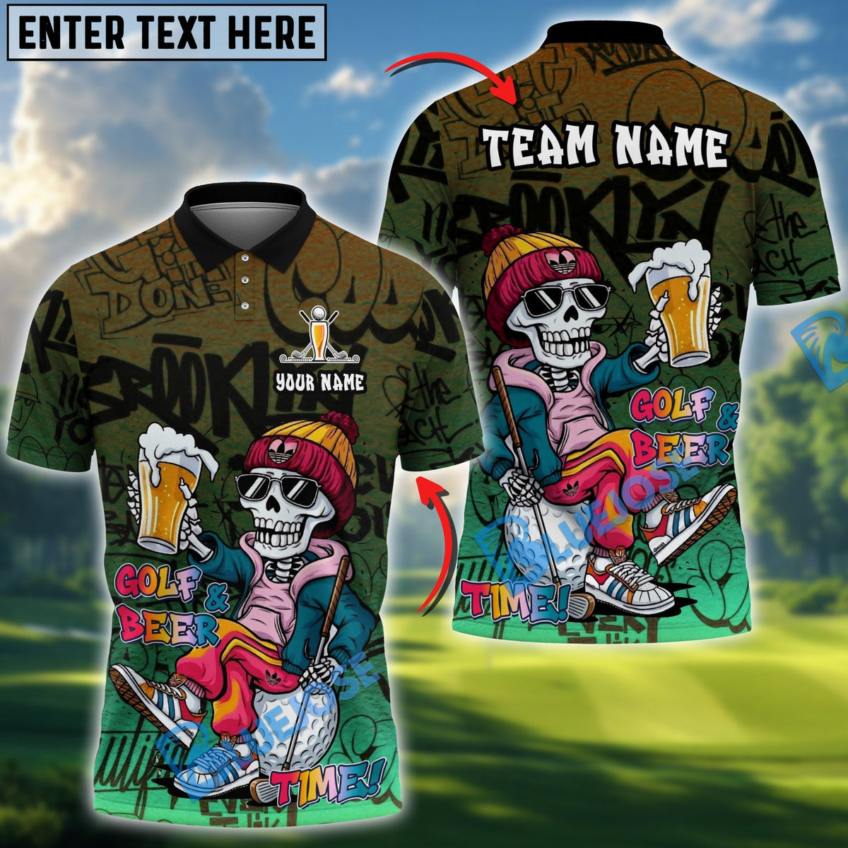 BlueJose Golf & Beer Time Polo Personalized Name, Team Name 3D Shirt (4 Colors)