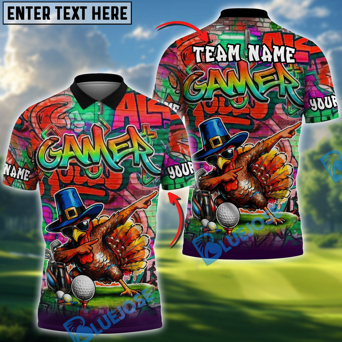 BlueJose Graffiti Turkey Golfer Shirt Personalized Name, Team Name 3D Shirt (4 Colors)