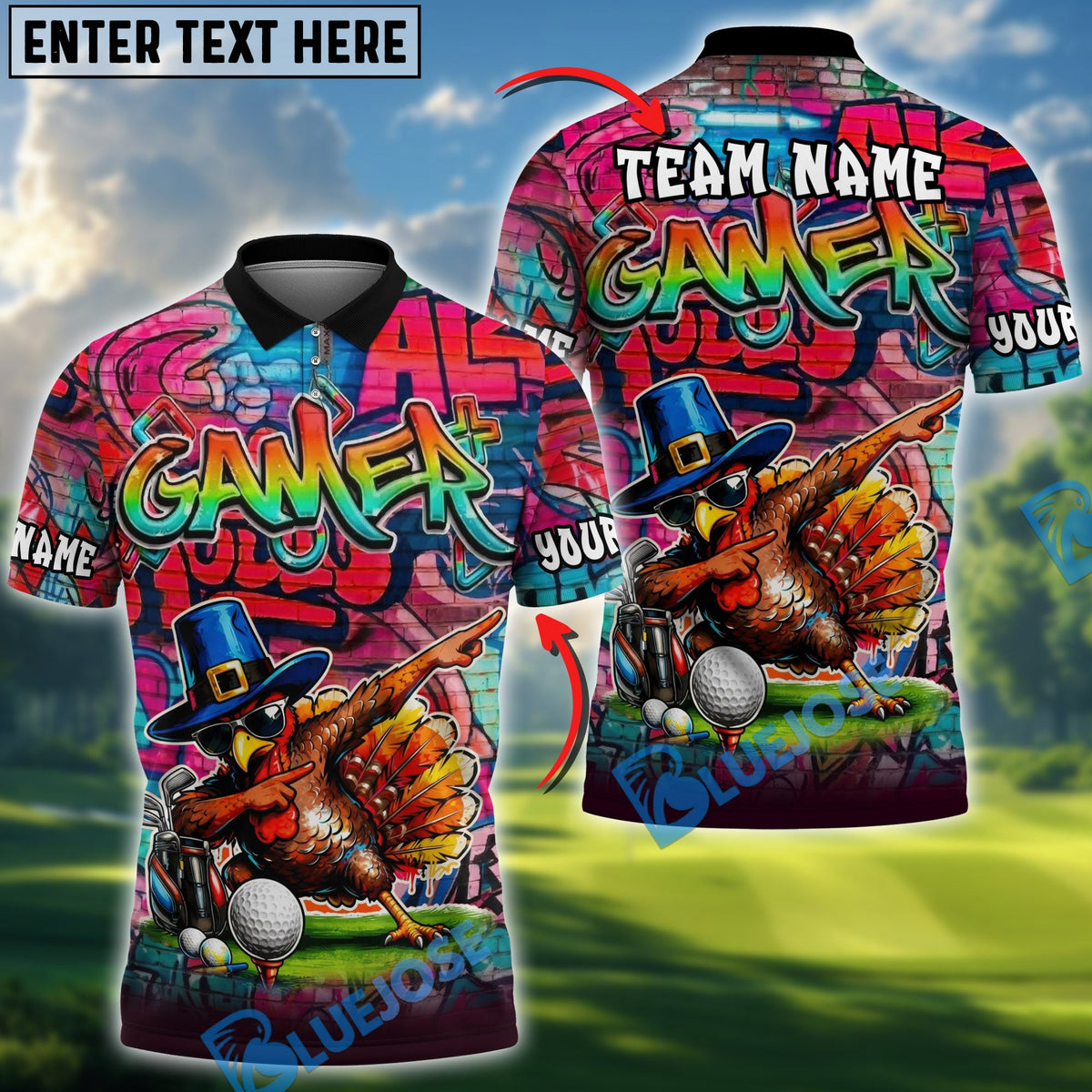 BlueJose Graffiti Turkey Golfer Shirt Personalized Name, Team Name 3D Shirt (4 Colors)