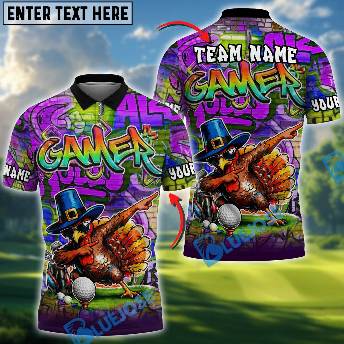 BlueJose Graffiti Turkey Golfer Shirt Personalized Name, Team Name 3D Shirt (4 Colors)
