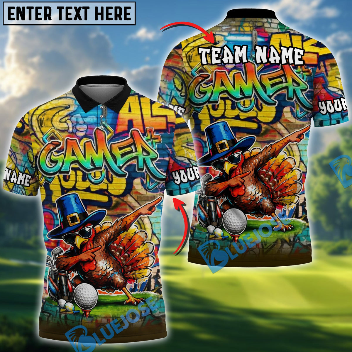 BlueJose Graffiti Turkey Golfer Shirt Personalized Name, Team Name 3D Shirt (4 Colors)