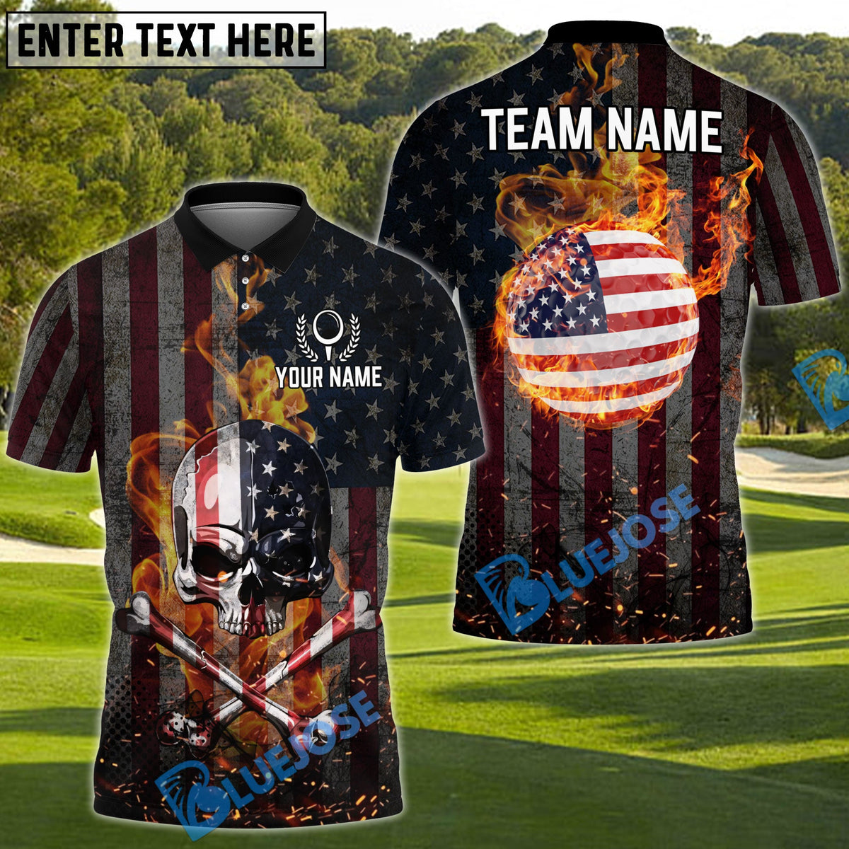 BlueJose Patriotic Skull Golf Polo Shirt Personalized Name, Team Name 3D Shirt (4 Colors)