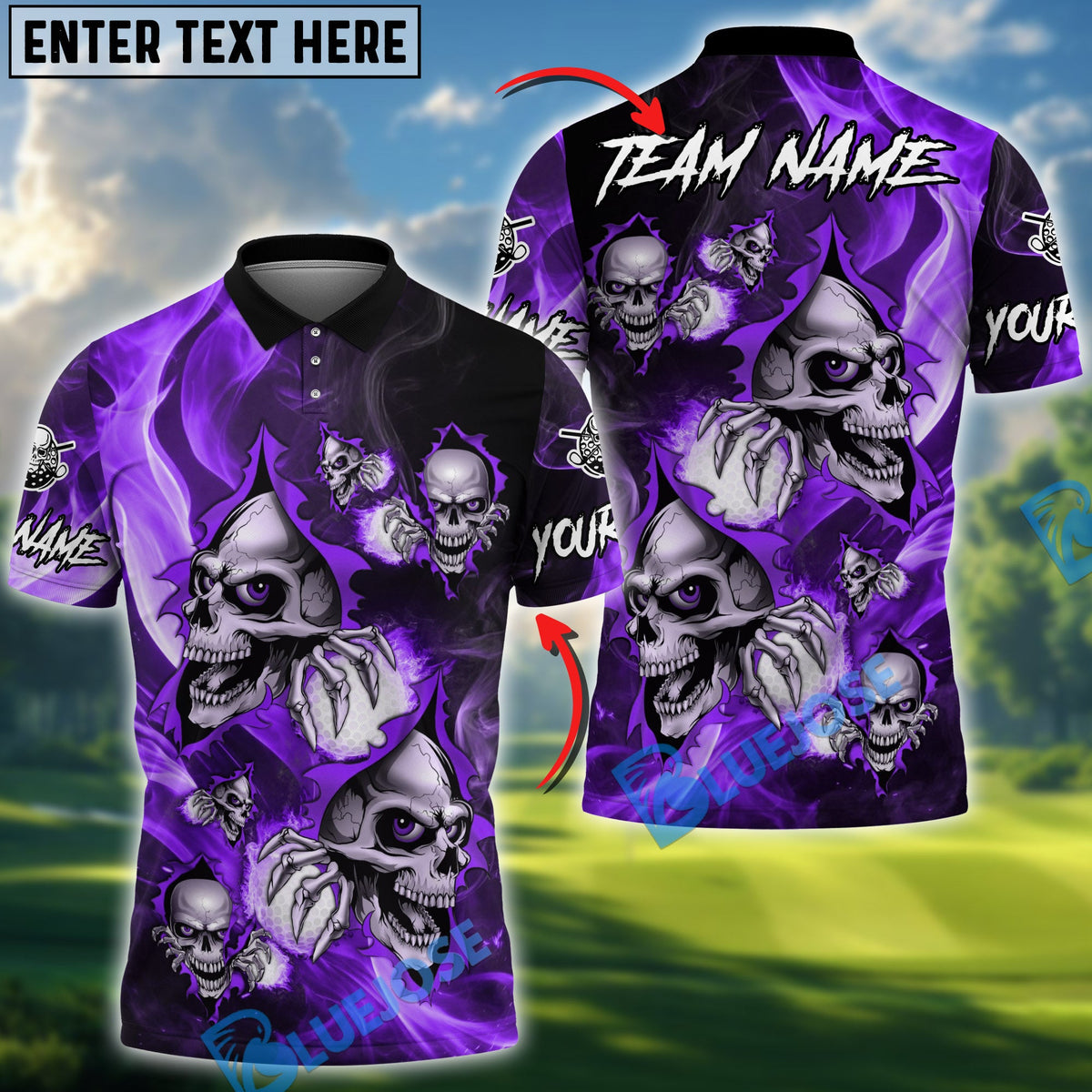 BlueJose Flaming Skull Golf Polo Personalized Name, Team Name 3D Shirt (4 Colors)