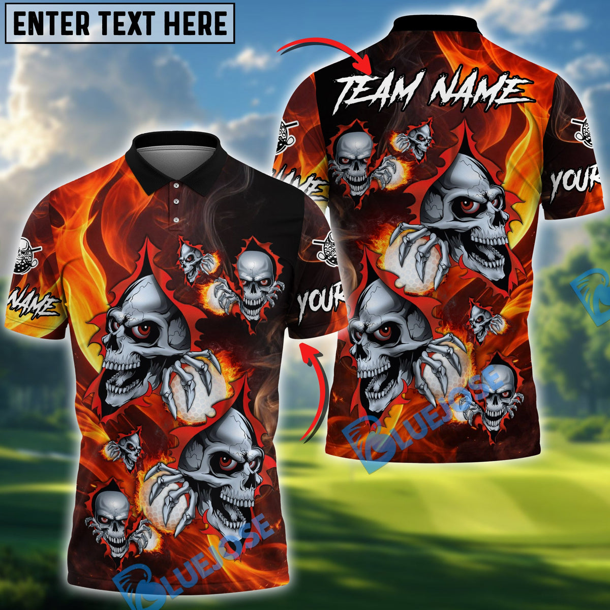 BlueJose Flaming Skull Golf Polo Personalized Name, Team Name 3D Shirt (4 Colors)
