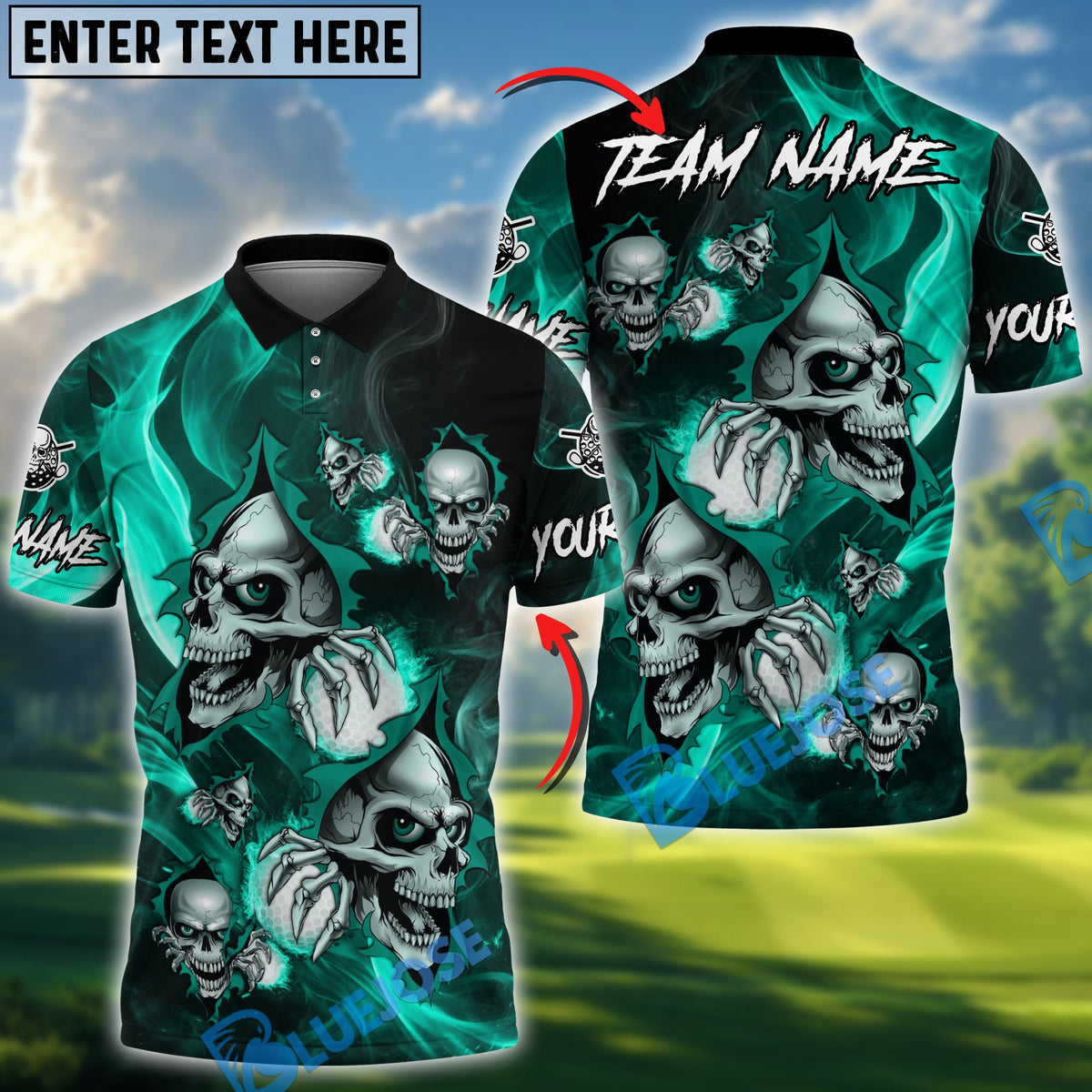 BlueJose Flaming Skull Golf Polo Personalized Name, Team Name 3D Shirt (4 Colors)