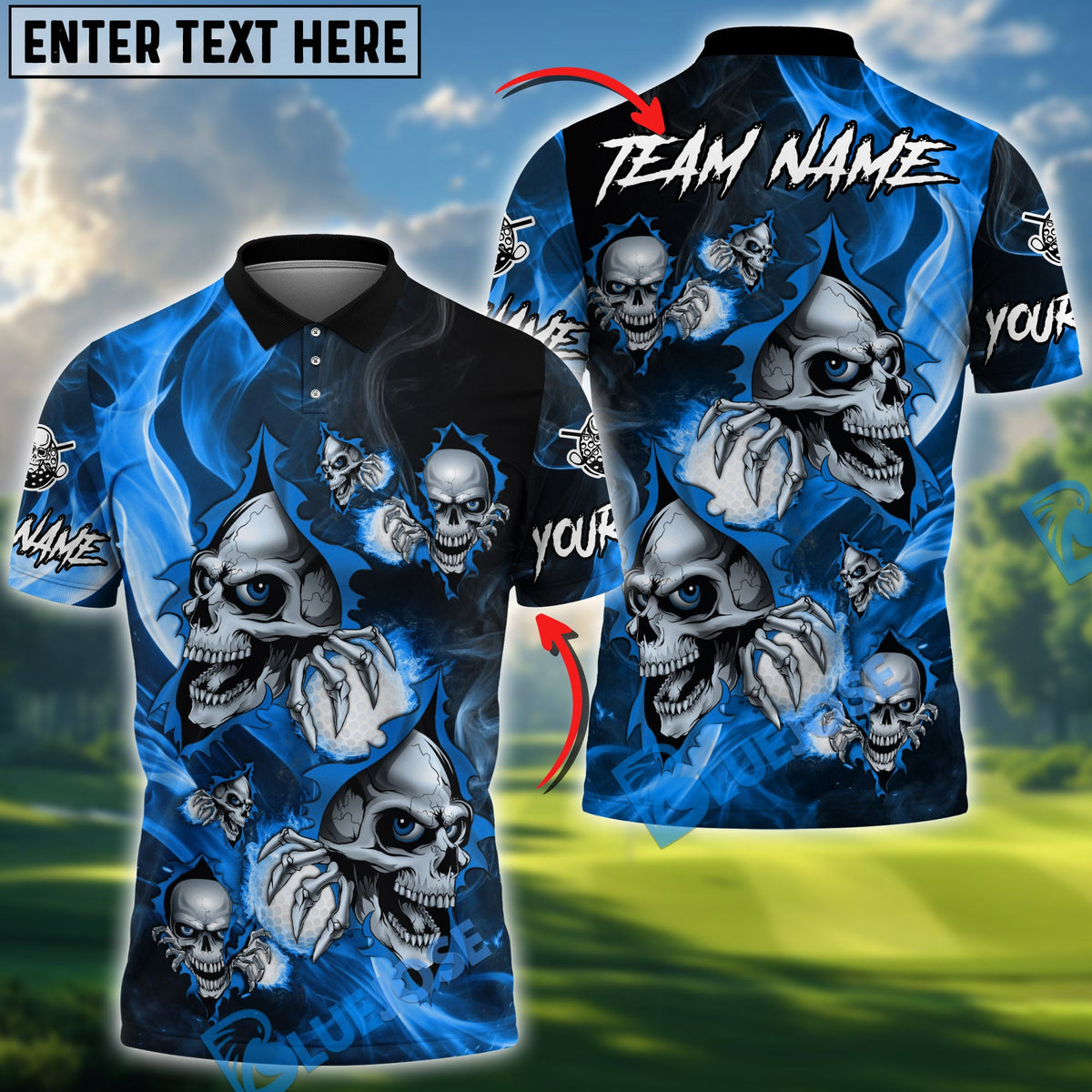 BlueJose Flaming Skull Golf Polo Personalized Name, Team Name 3D Shirt (4 Colors)