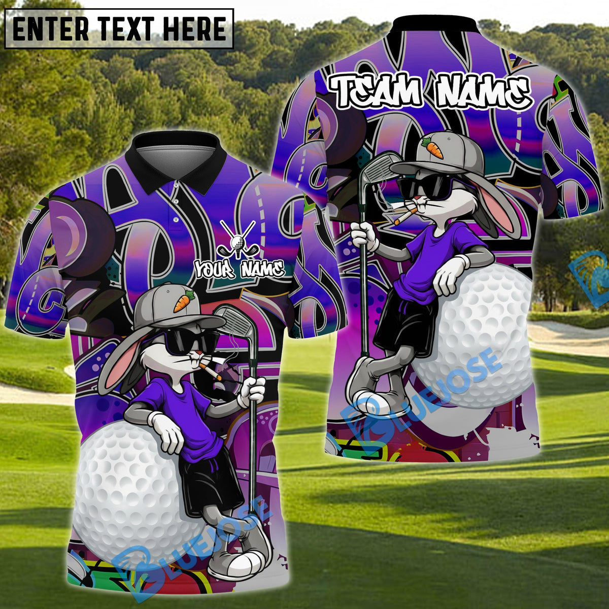 BlueJose Street Swing Rabbit Golf Polo Personalized Name, Team Name 3D Shirt (4 Colors)