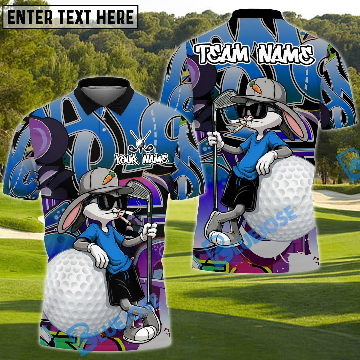 BlueJose Street Swing Rabbit Golf Polo Personalized Name, Team Name 3D Shirt (4 Colors)
