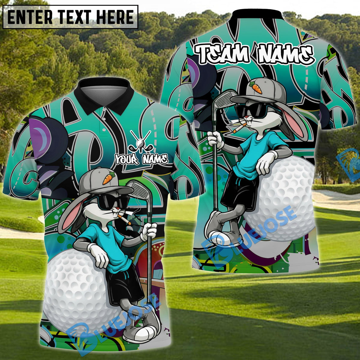 BlueJose Street Swing Rabbit Golf Polo Personalized Name, Team Name 3D Shirt (4 Colors)