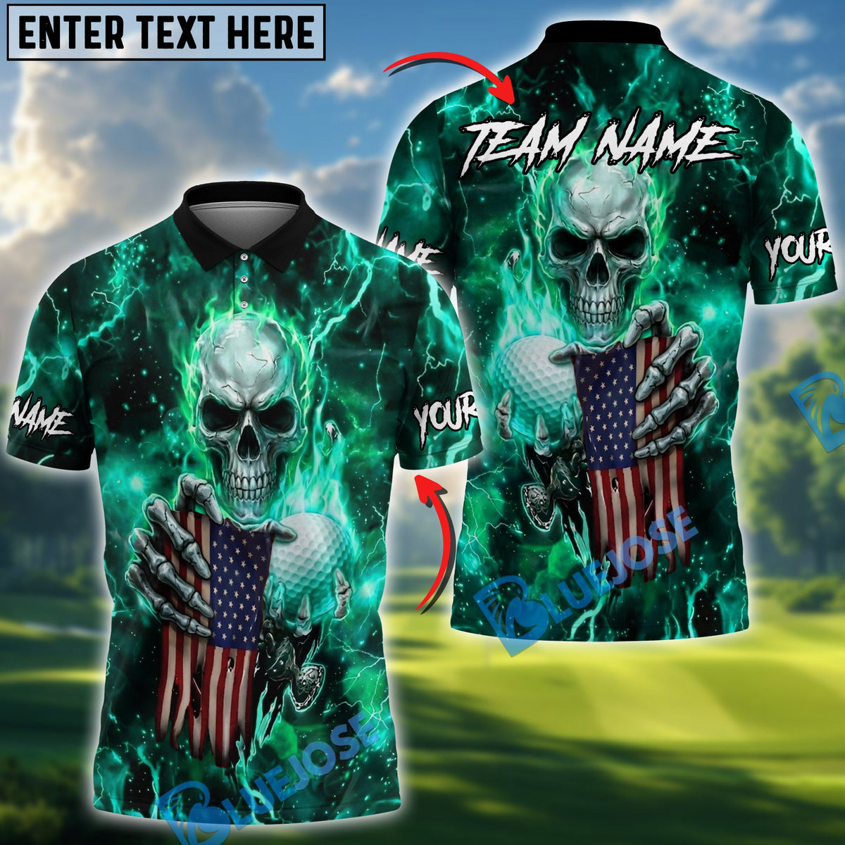 BlueJose Hellfire Freedom Skull Golf Polo Personalized Name, Team Name 3D Shirt (4 Colors)