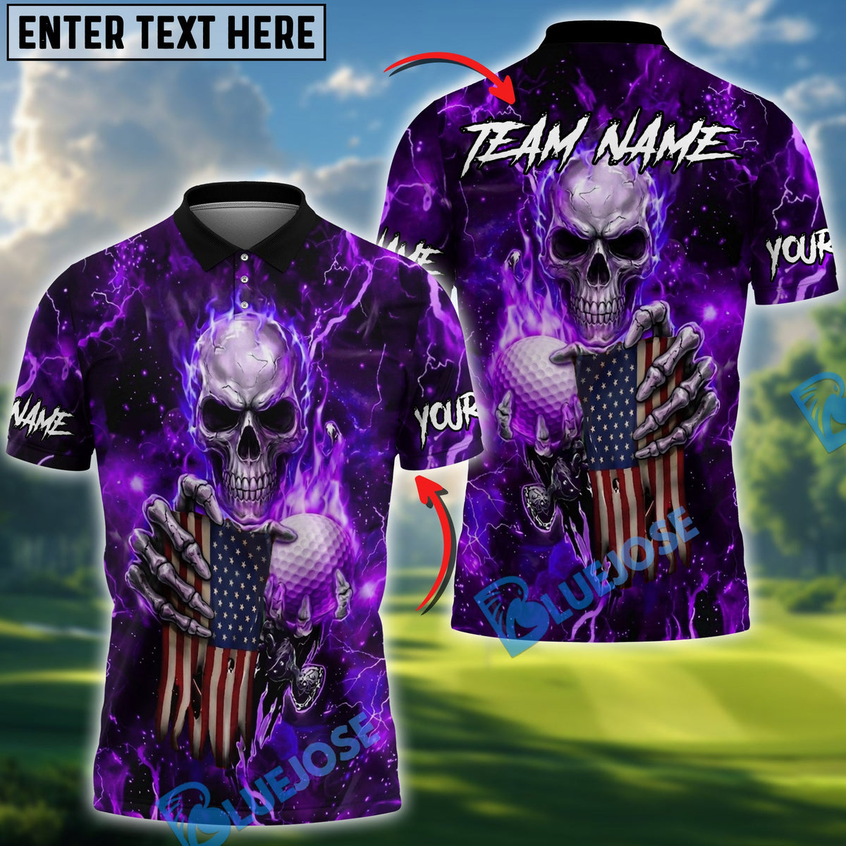 BlueJose Hellfire Freedom Skull Golf Polo Personalized Name, Team Name 3D Shirt (4 Colors)