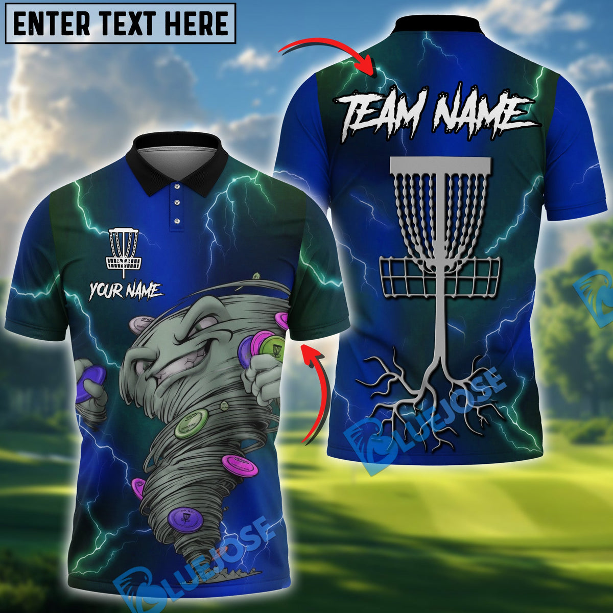 BlueJose Strike Flight Disc Golf Polo Personalized Name, Team Name 3D Shirt (4 Colors)