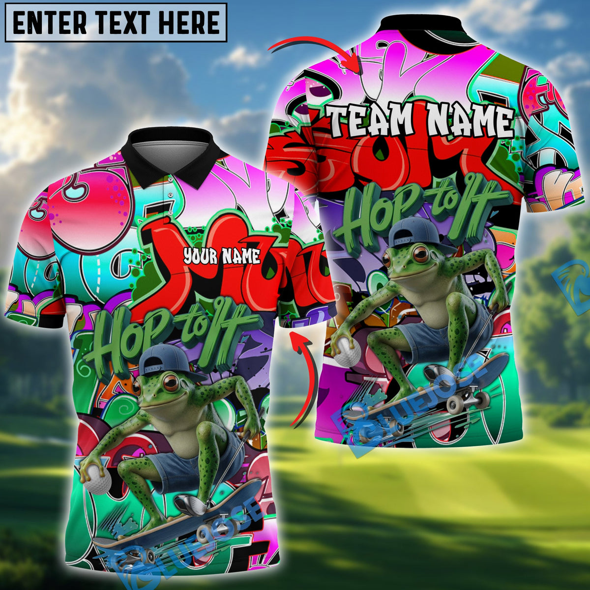 BlueJose Graffiti Frog Funny Golf Polo Personalized Name, Team Name 3D Shirt (4 Colors)