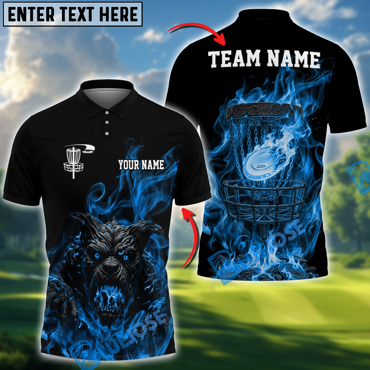 BlueJose Flame Wolf Disc Golf Polo Personalized Name, Team Name 3D Shirt (4 Colors)