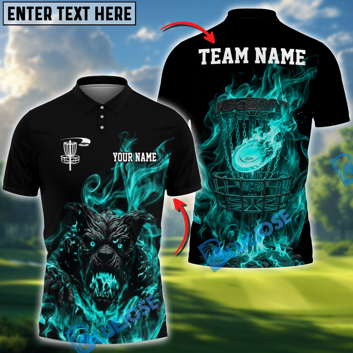 BlueJose Flame Wolf Disc Golf Polo Personalized Name, Team Name 3D Shirt (4 Colors)